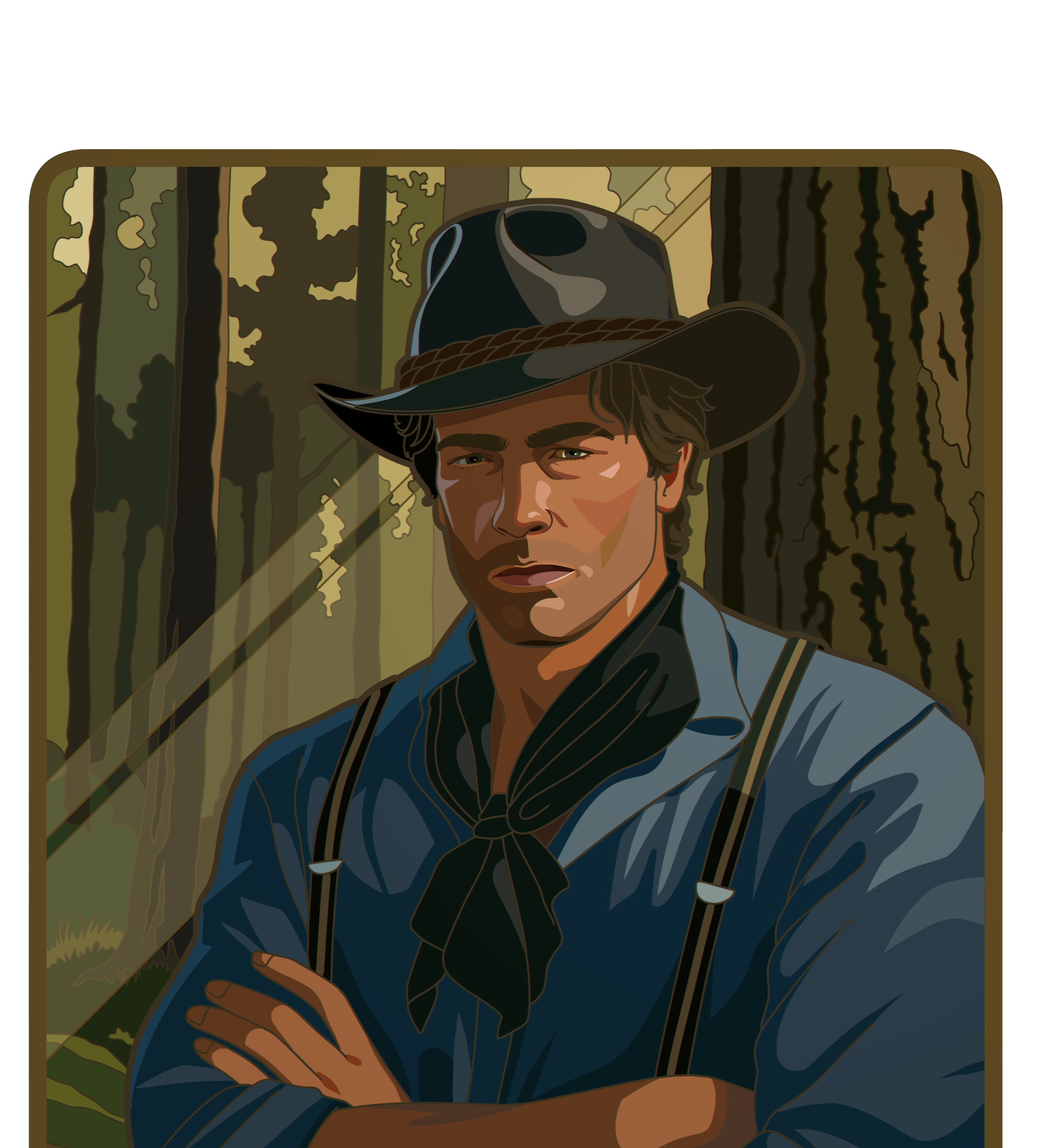 Arthur Morgan standing in a forest setting leaning against a tree with his arms crossed